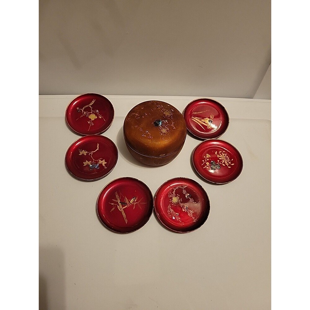 READ Japanese Red Black Gold Lacquerware Coasters Copper Color Box Set of 6 Vtg